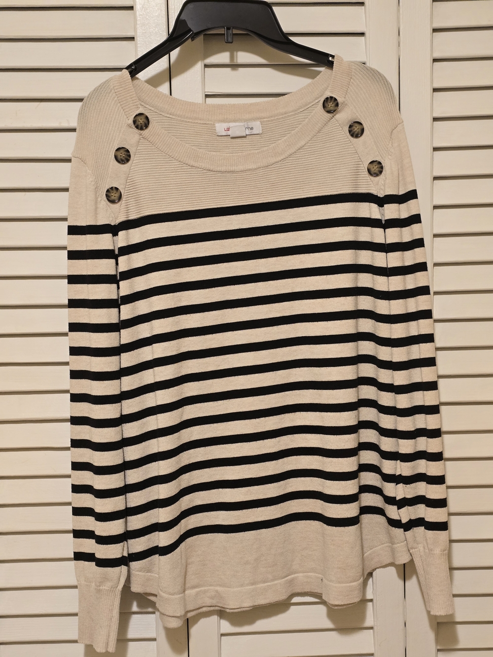 Liz Claiborne Cream and Black Striped Boatneck Sweater with Shoulder Buttons